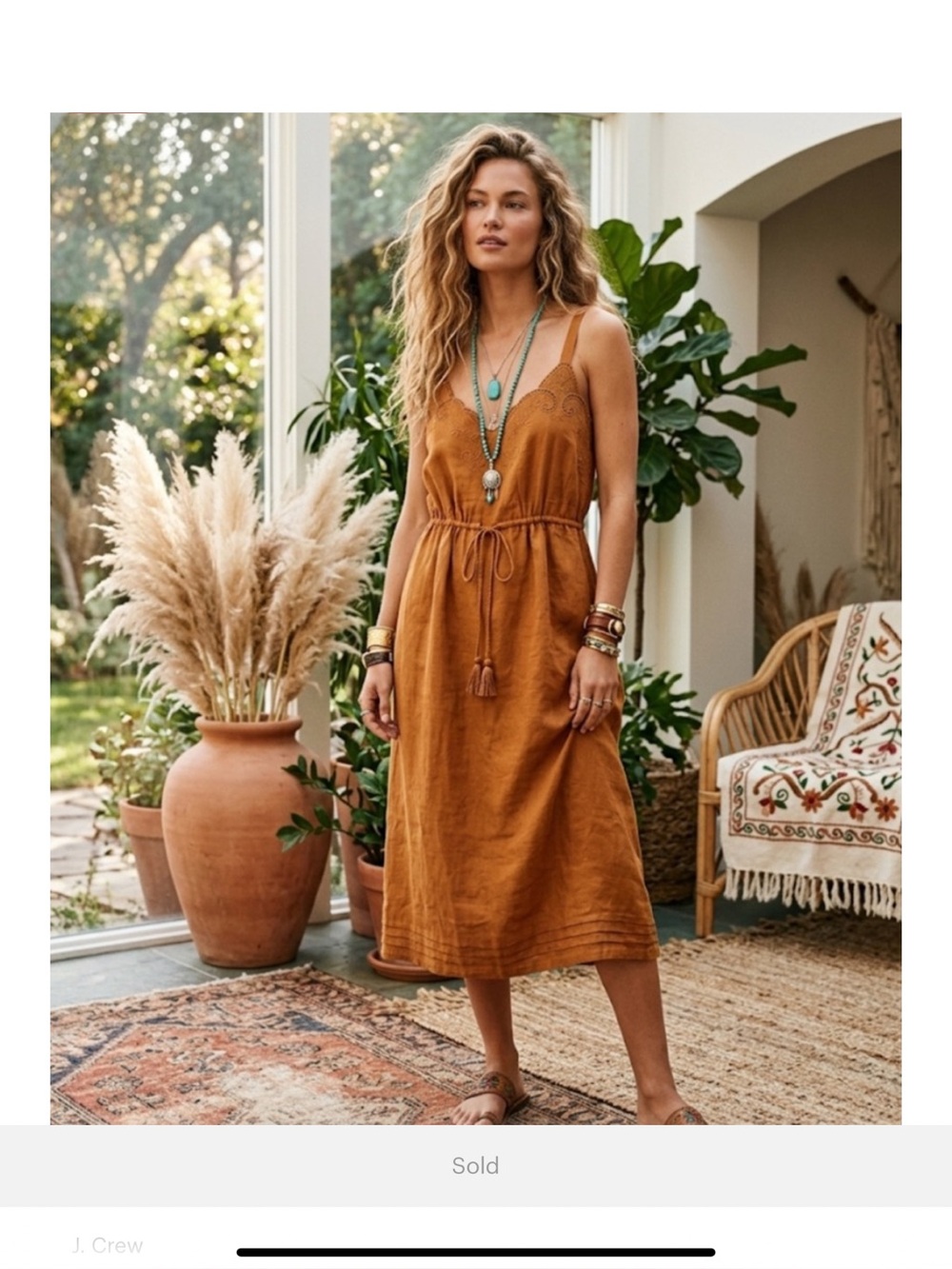NWT J. Crew embroidered linen midi dress golden brown tasseled waist